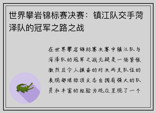 世界攀岩锦标赛决赛：镇江队交手菏泽队的冠军之路之战