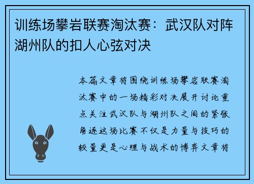 训练场攀岩联赛淘汰赛：武汉队对阵湖州队的扣人心弦对决