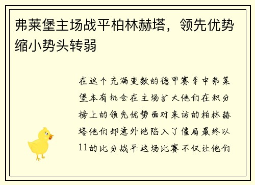 弗莱堡主场战平柏林赫塔，领先优势缩小势头转弱